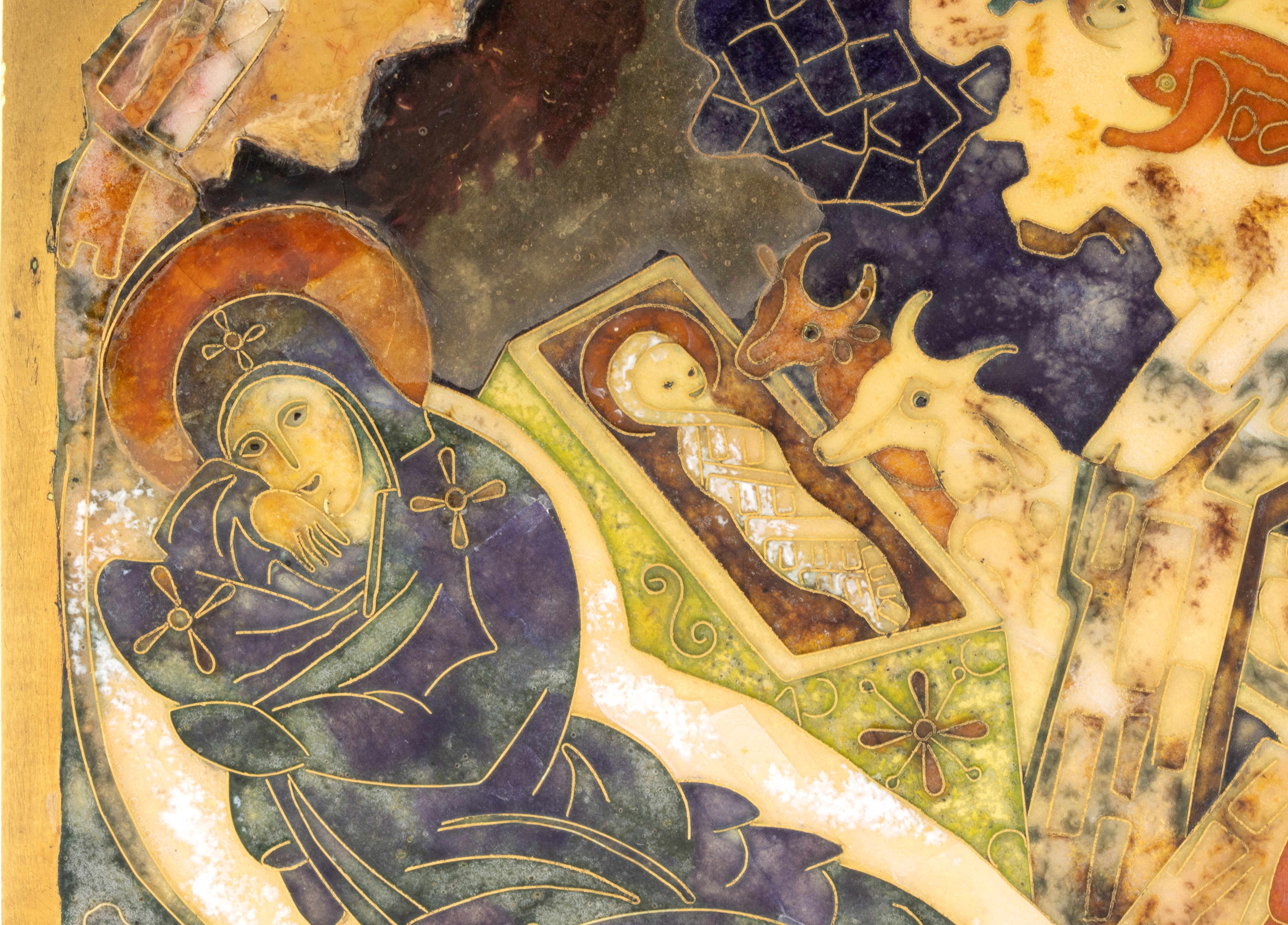 Icona in oro e smalti policromi a fuoco raffigurante la Natività di Cristo, lastra in oro 22 cara...