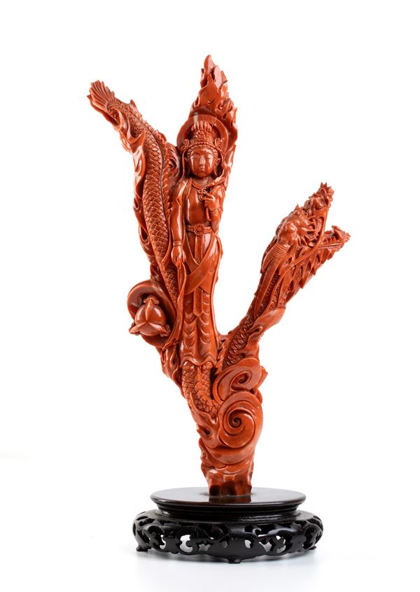 Importante scultura cinese in corallo cerasuolo