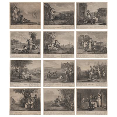 Antonio Zecchin e altri, Dodici mesi (da William Hamilton), incisioni in maniera a punto-piillé