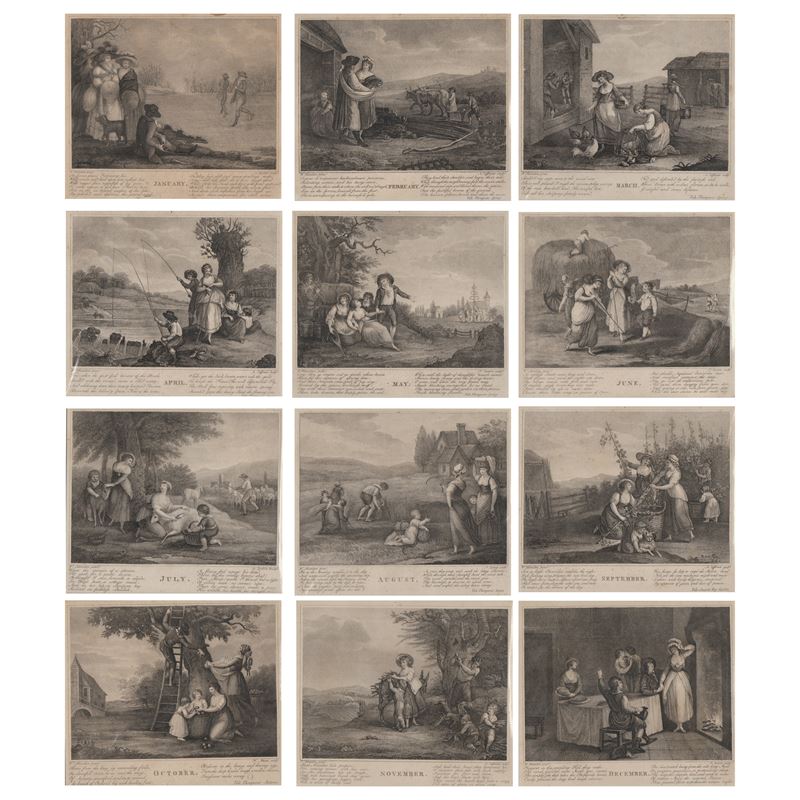 Antonio Zecchin e altri, Dodici mesi (da William Hamilton), incisioni in maniera a punto-piillé