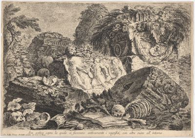 Ara antica con ruine e scena di sacrificio