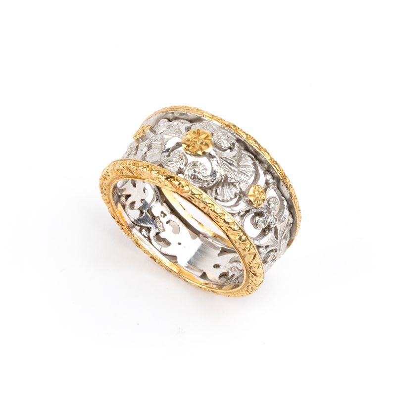 Anello in oro stile fiorentino, oro giallo e oro bianco 18k