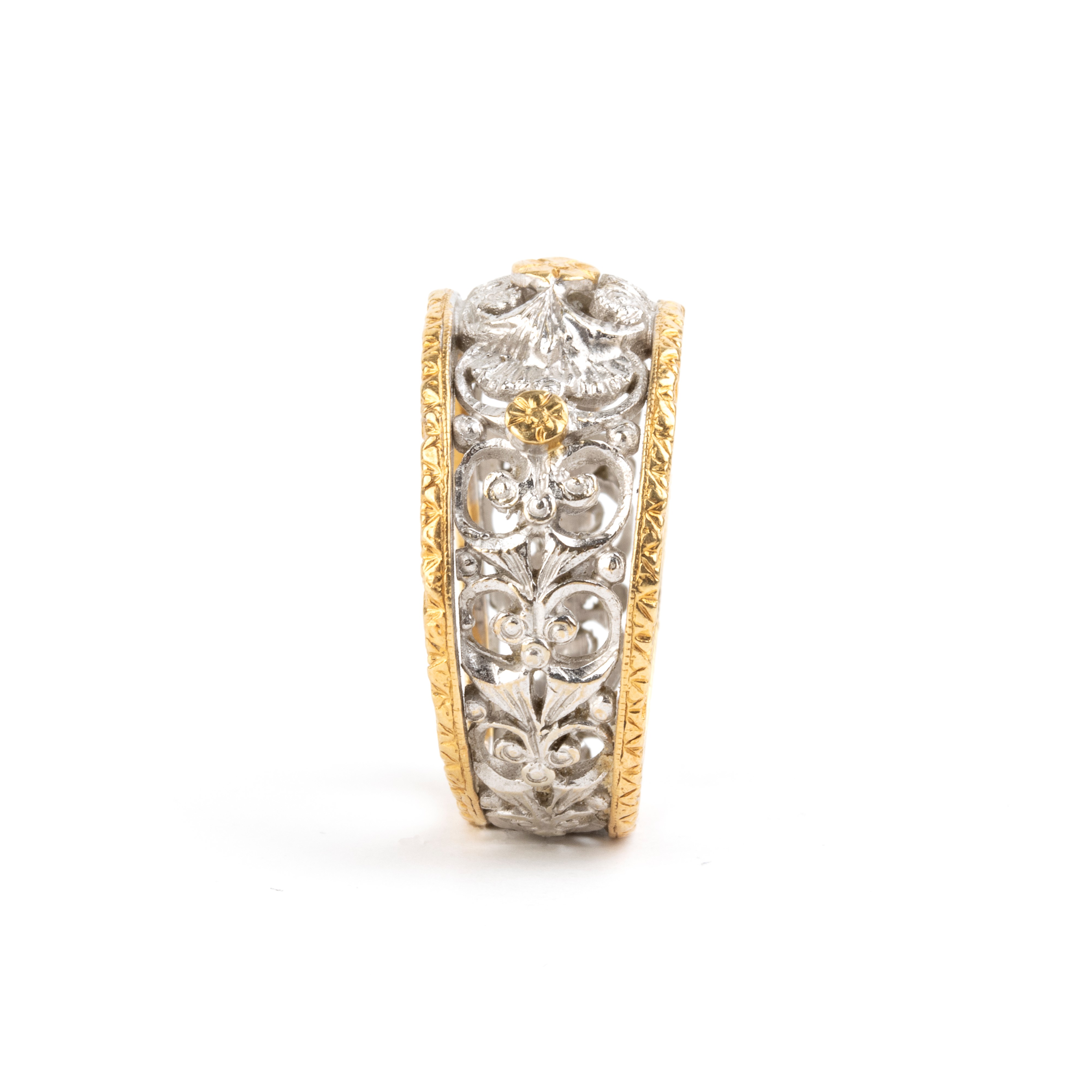 Anello in oro stile fiorentino, oro giallo e oro bianco 18k
