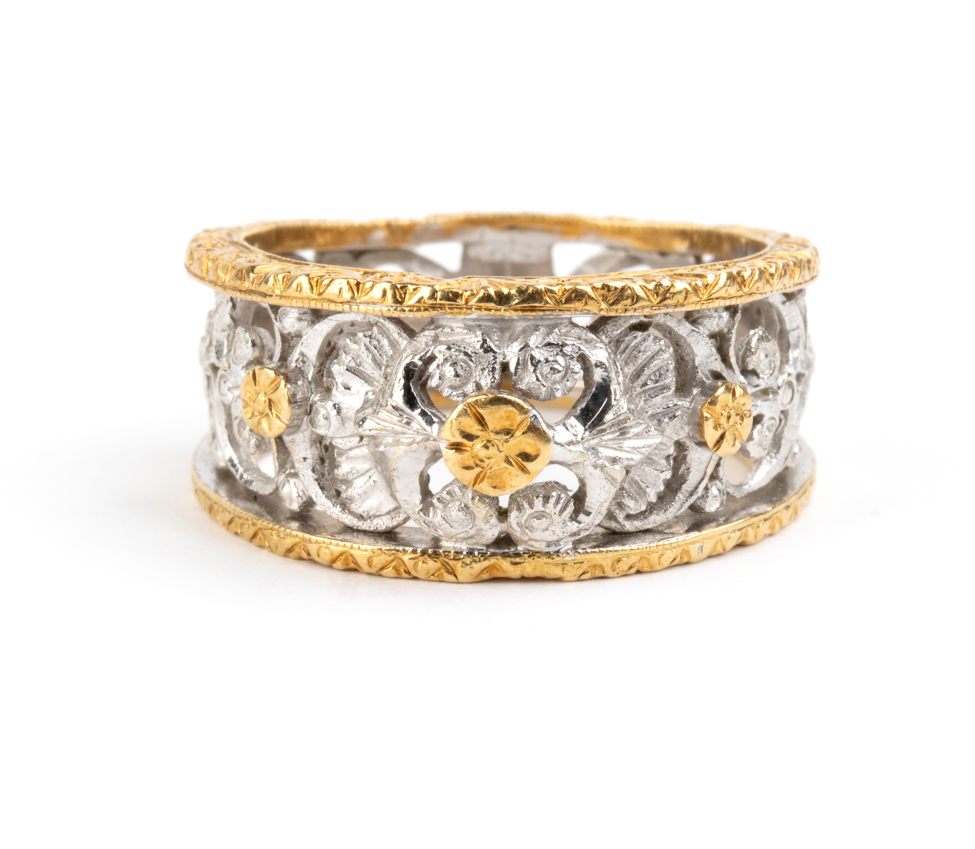 Anello in oro stile fiorentino, oro giallo e oro bianco 18k