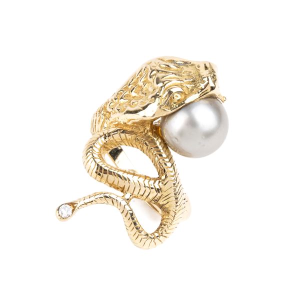Anello in oro giallo a forma di serpente con perla Tahiti e diamante   