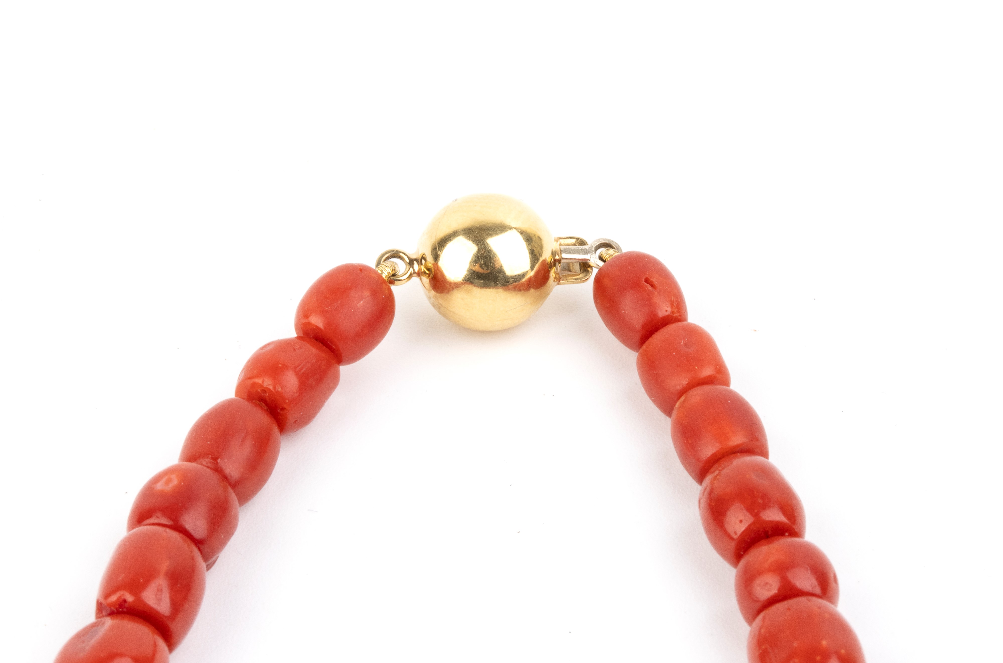 Collana a filo in corallo Mediterraneo (Corallium rubrum) con chiusura in oro giallo 18k, punzona...