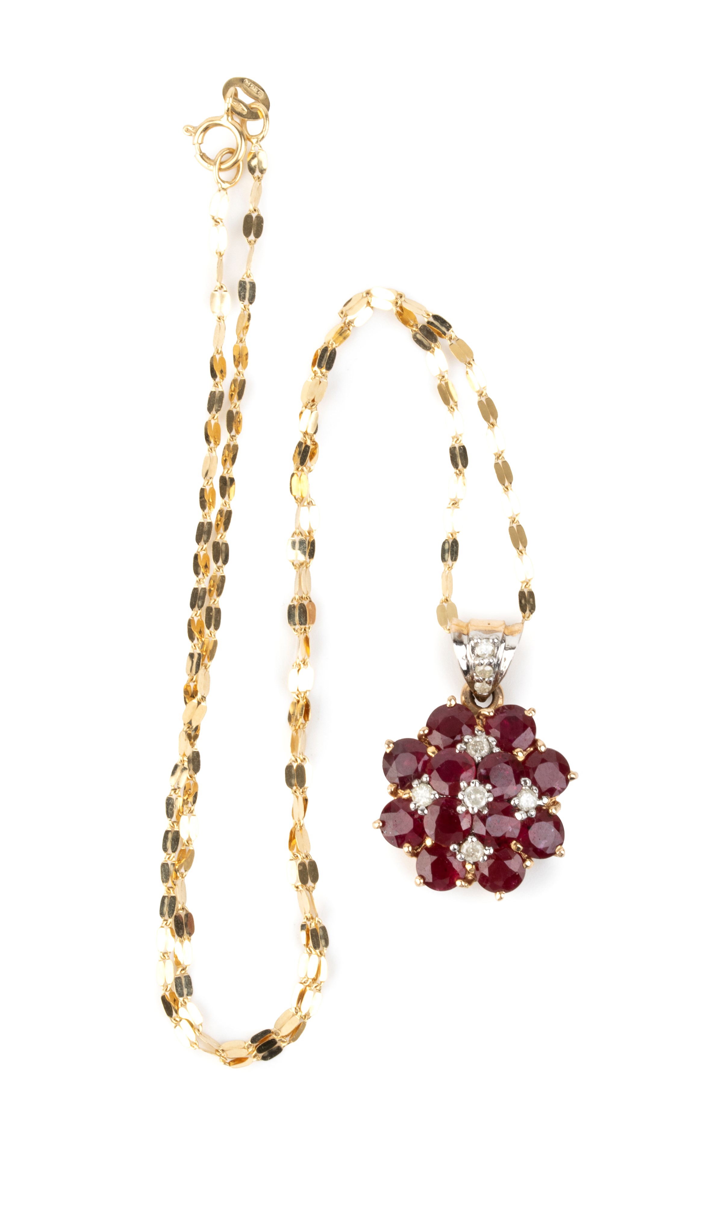 Girocollo con pendente e paio di orecchini, oro 18k con rubini e diamanti