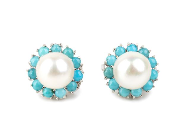Paio di orecchini oro con perla Australiana e turchese 