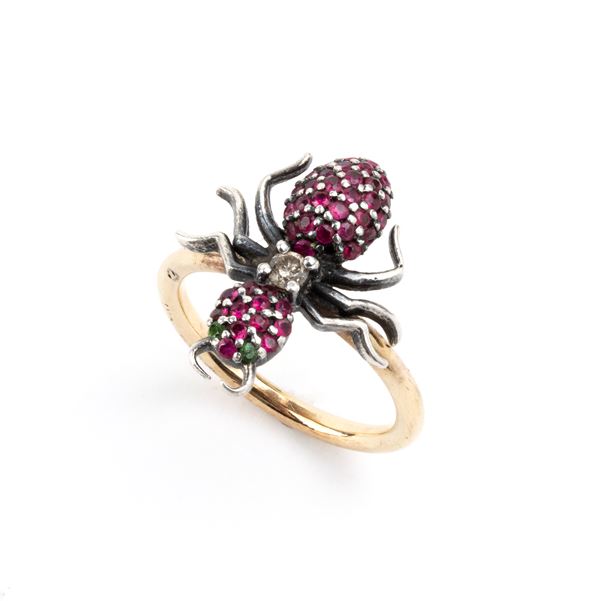 Ruby diamond gold and silver insect ring 