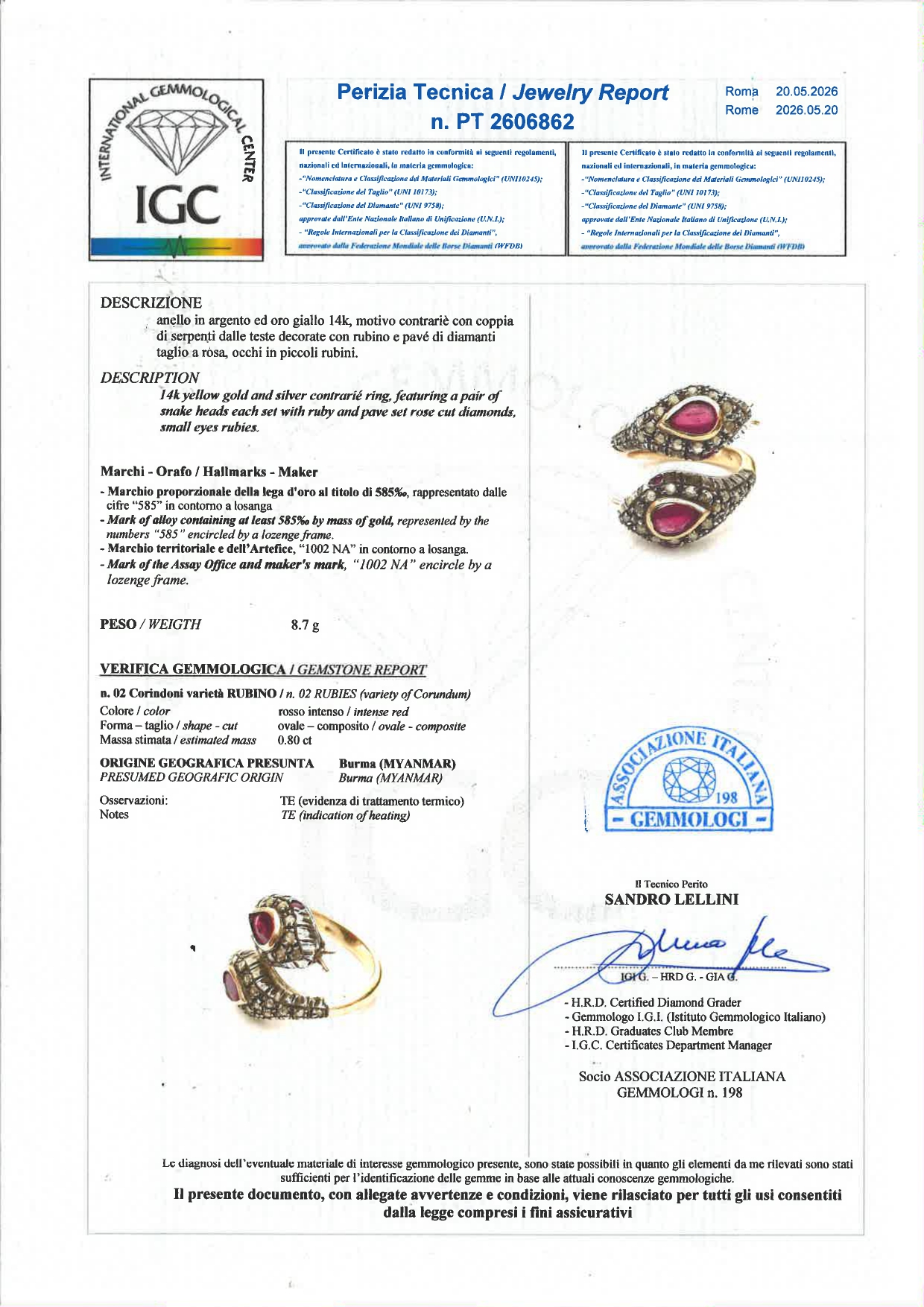 Anello a motivo contrarié con serpenti, oro 14k e argento, rubini birmani e diamanti