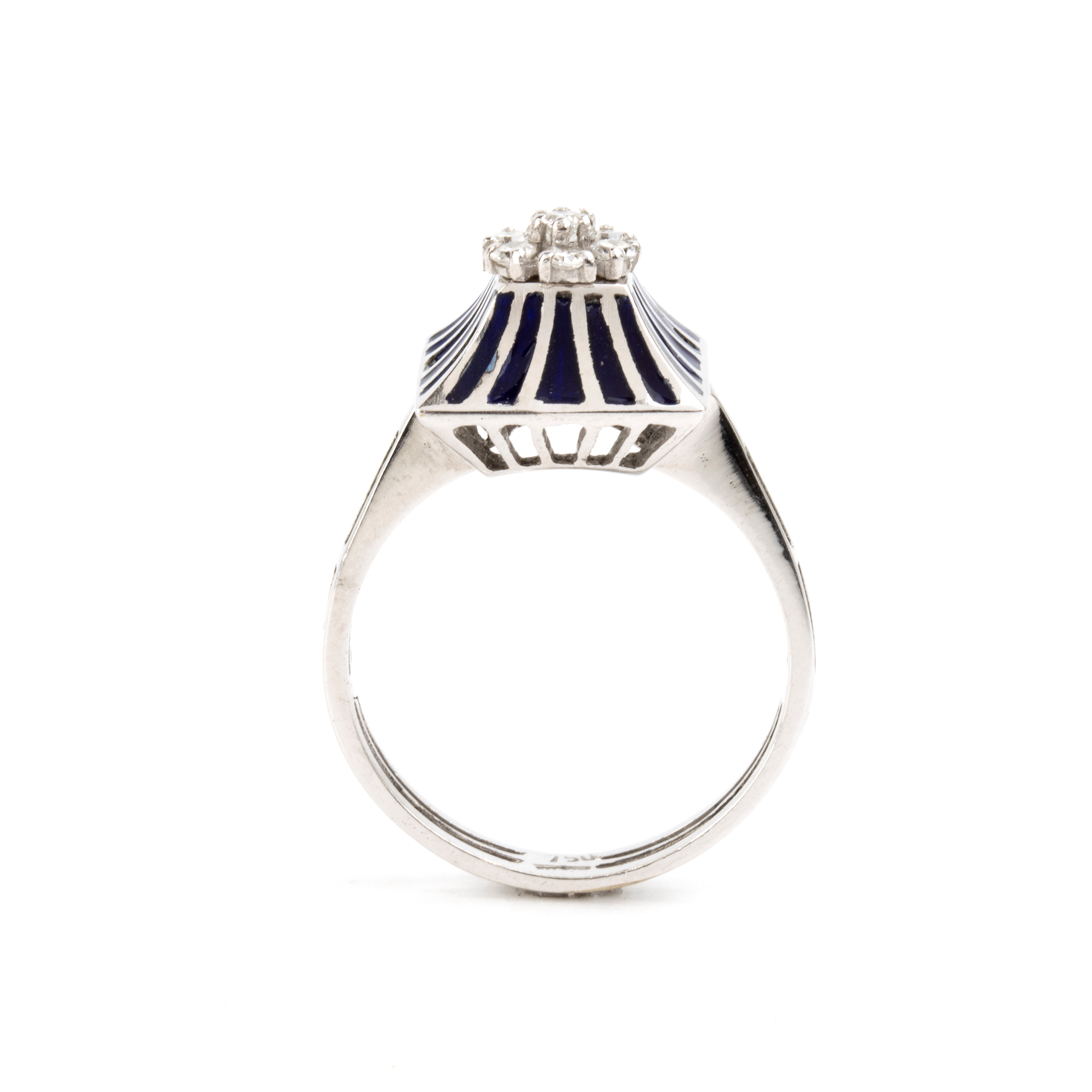 Anello in oro bianco 18k con diamanti e smalti blu