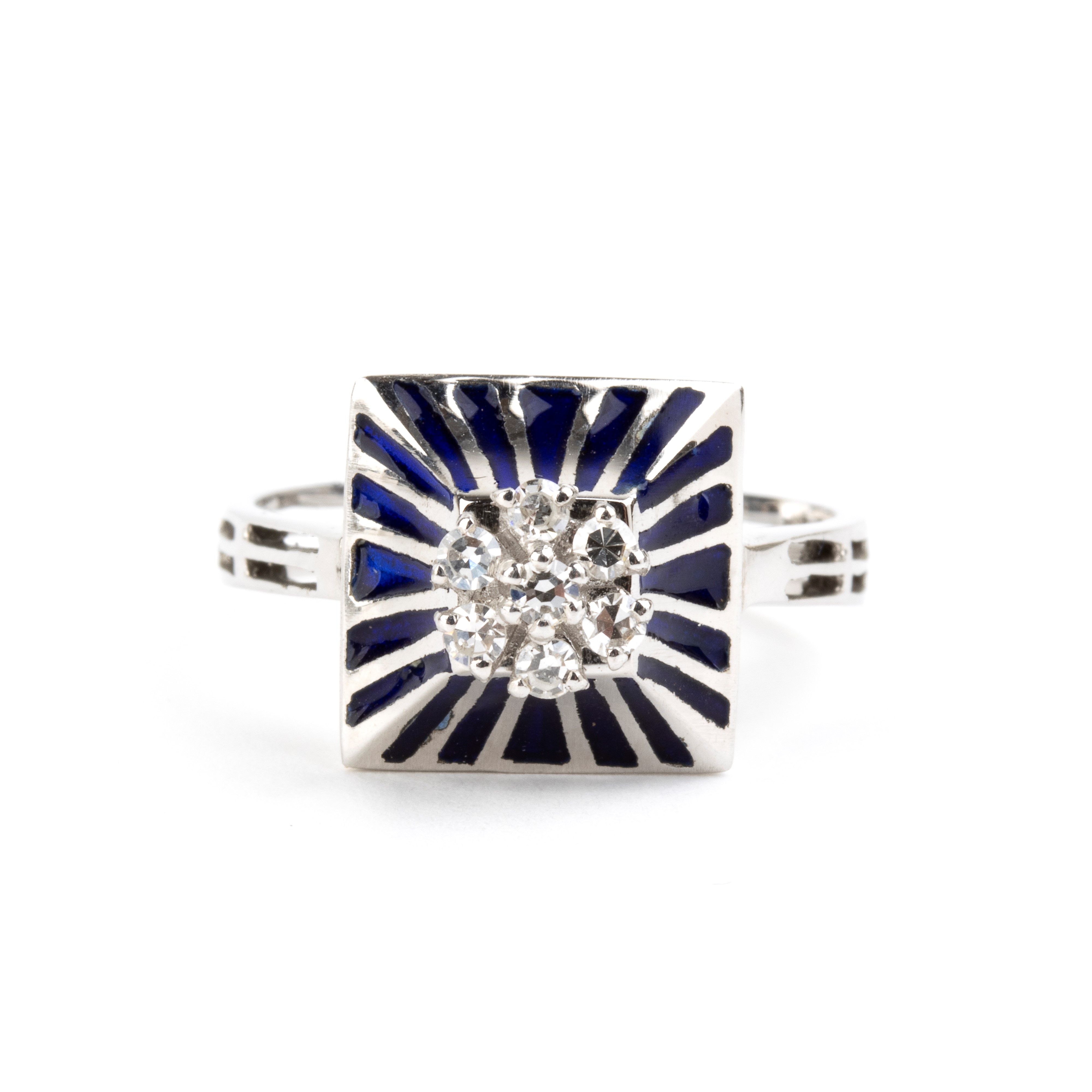 Anello in oro bianco 18k con diamanti e smalti blu