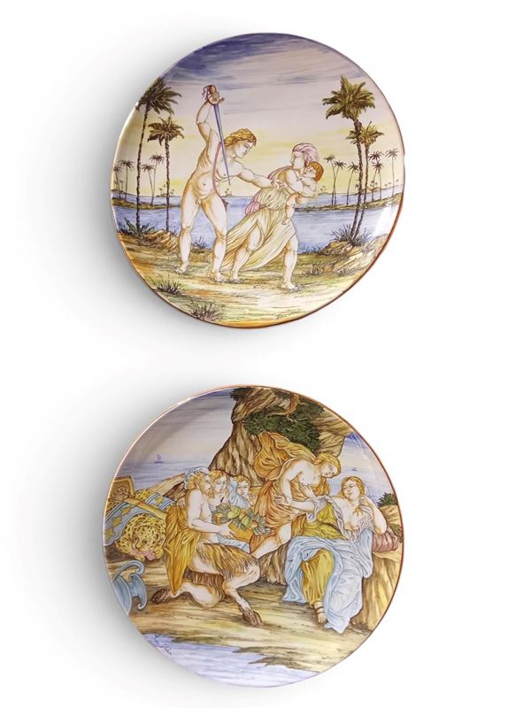 Set of two hand-painted majolica ceramic plates
