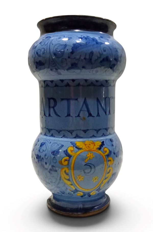 Decorated majolica double-handled albarello