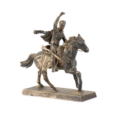 Scultura italiana in argento raffigurante figura equestre, fusione, argento 800 (metà XX secolo)
