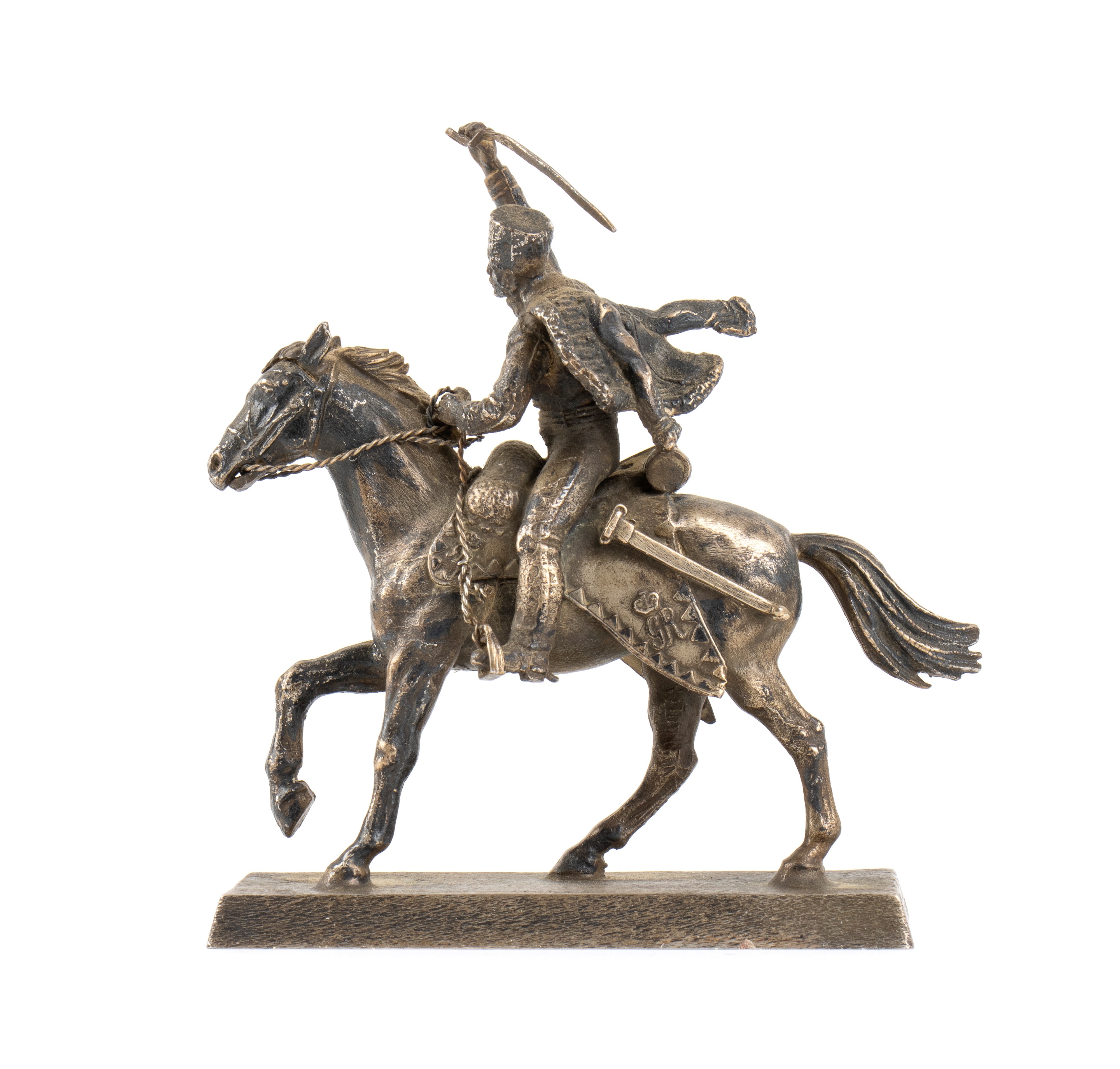 Scultura italiana in argento raffigurante figura equestre, fusione, argento 800 (metà XX secolo)