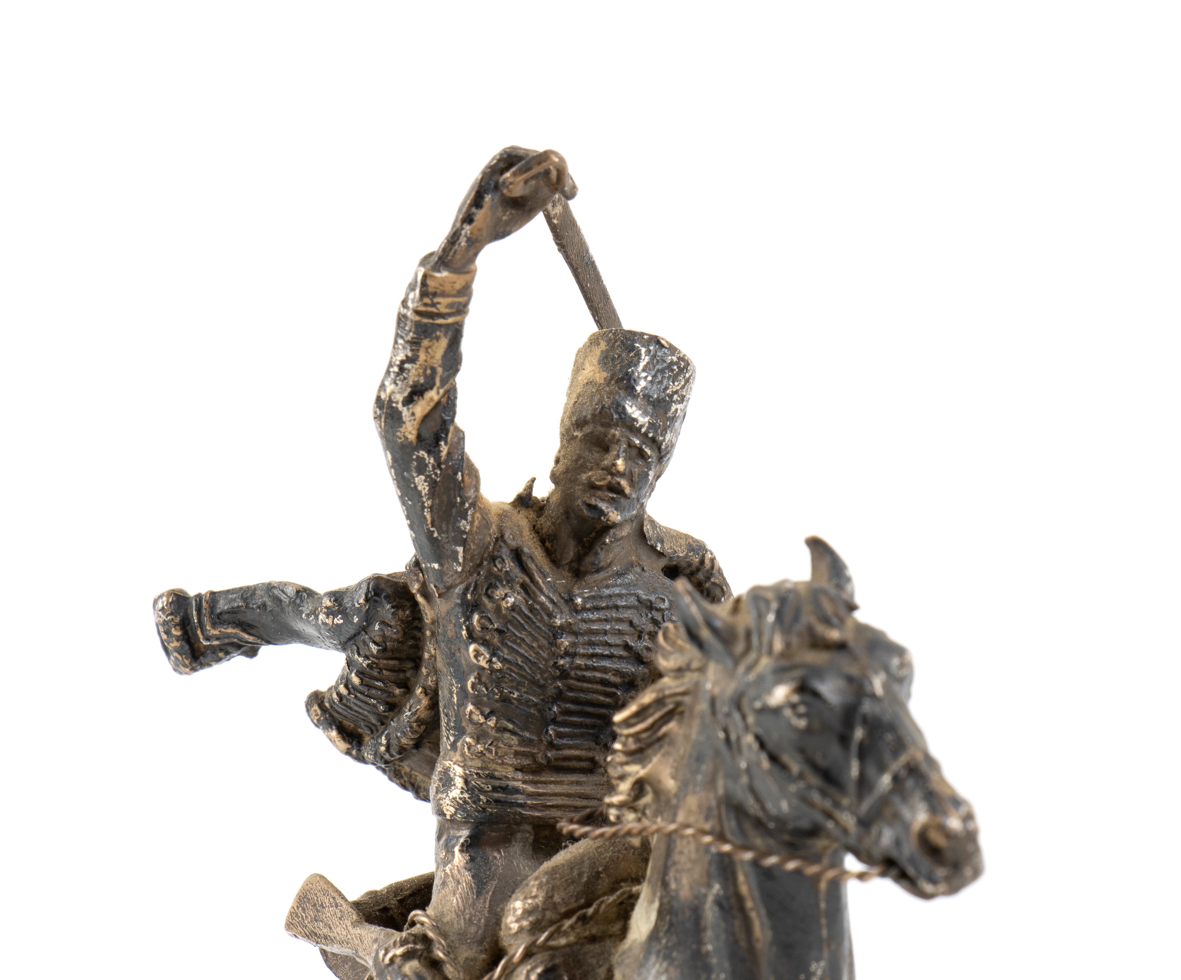 Scultura italiana in argento raffigurante figura equestre, fusione, argento 800 (metà XX secolo)