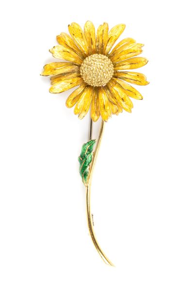 Spilla fiore, oro 18k bianco e giallo con smalti