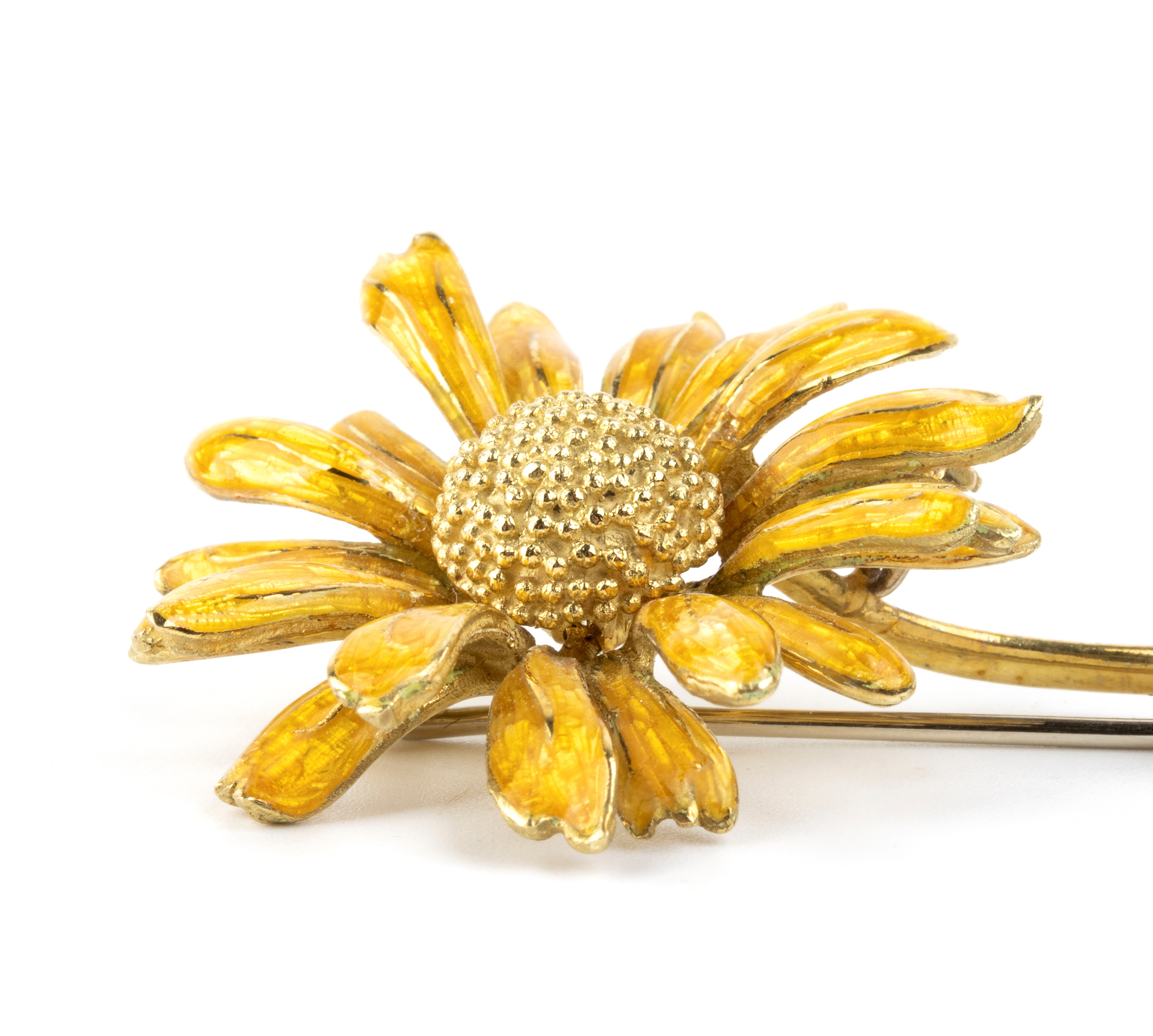 Spilla fiore, oro 18k bianco e giallo con smalti