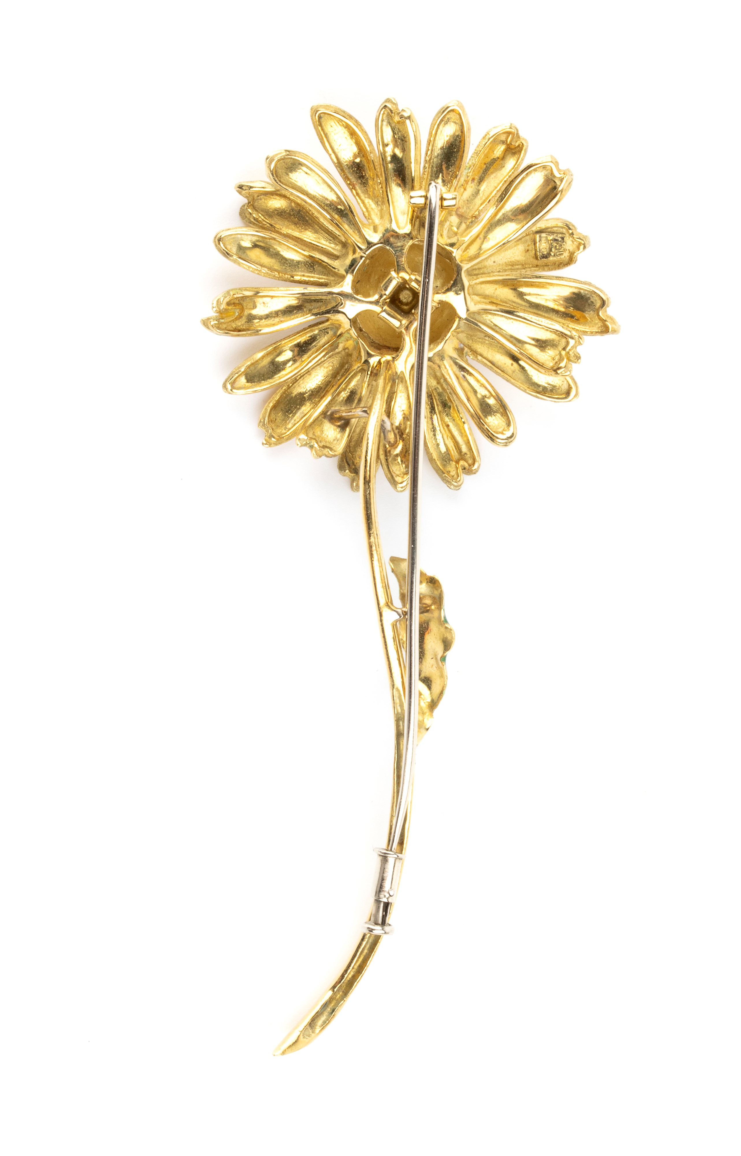 Spilla fiore, oro 18k bianco e giallo con smalti