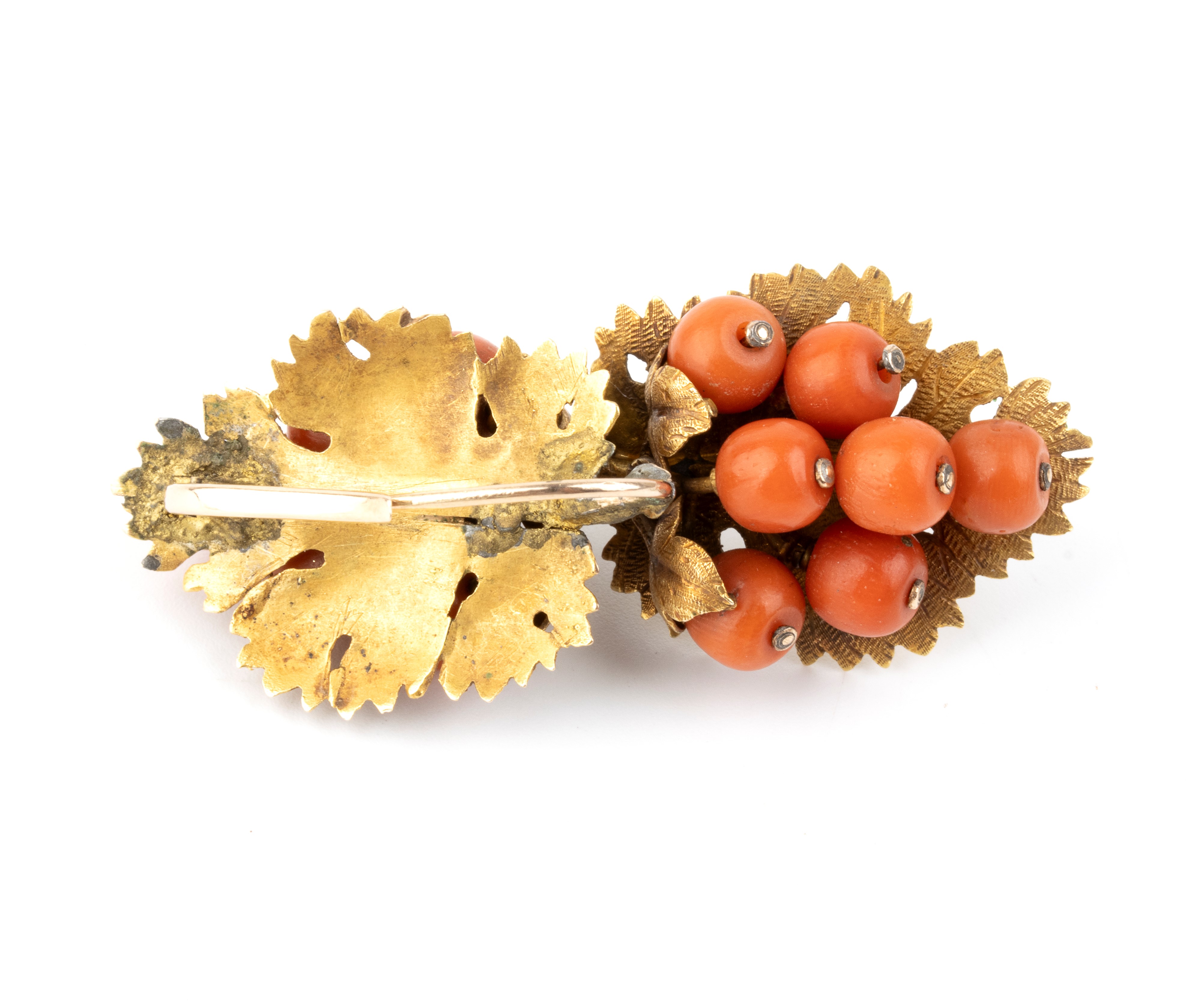 Orecchini in oro giallo 14k e corallo Mediterraneo (Coralium Rubrum), motivo foglia di vite e gra...