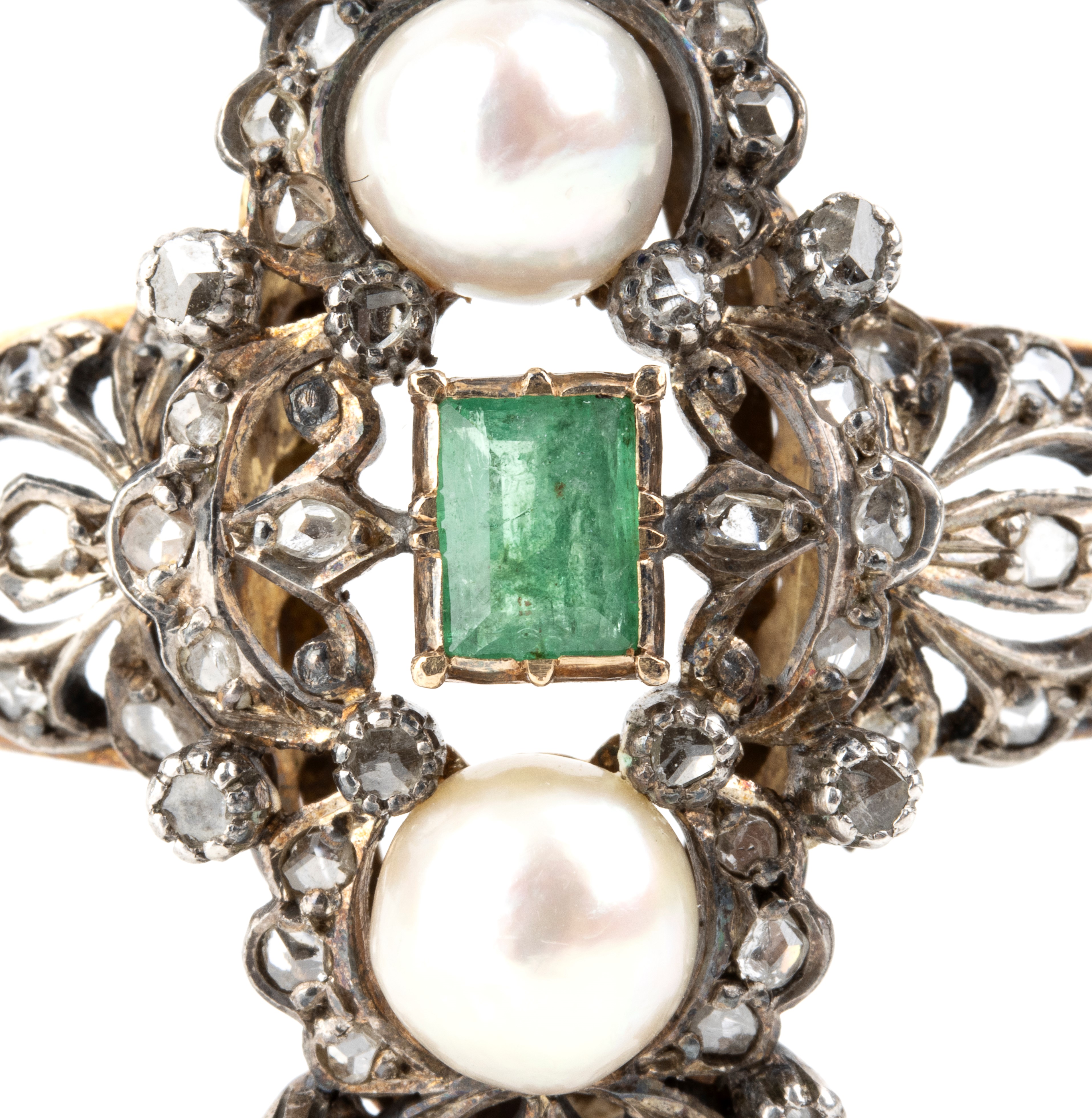 Bracciale a cerchio rigido, oro bianco 18k, smeraldo, perle e diamanti