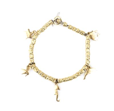 Bracciale in oro giallo 18k e argento con cinque pendenti animali marini