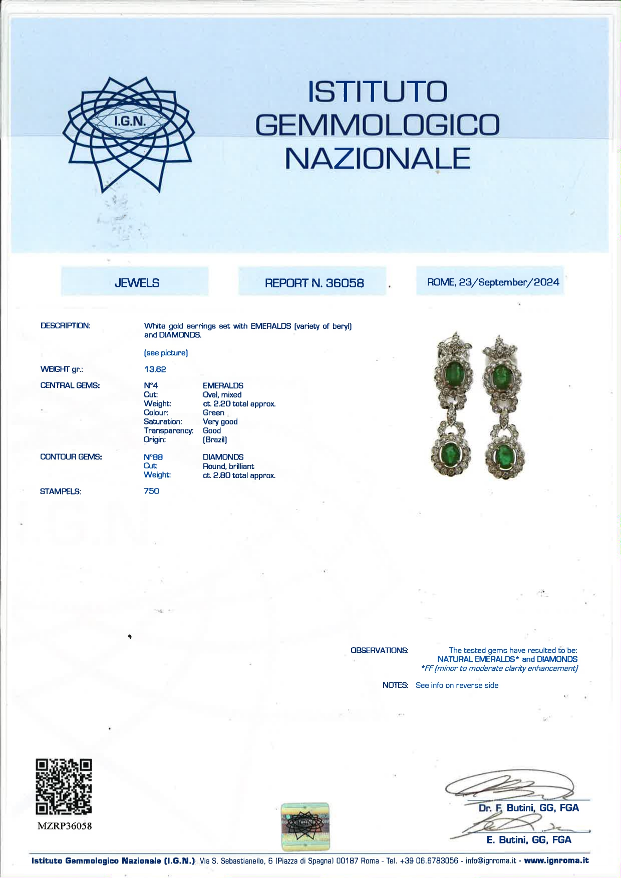 Oreficeria, Paio di orecchini pendenti in oro bianco 18K con smeraldi e diamanti con certificato ...