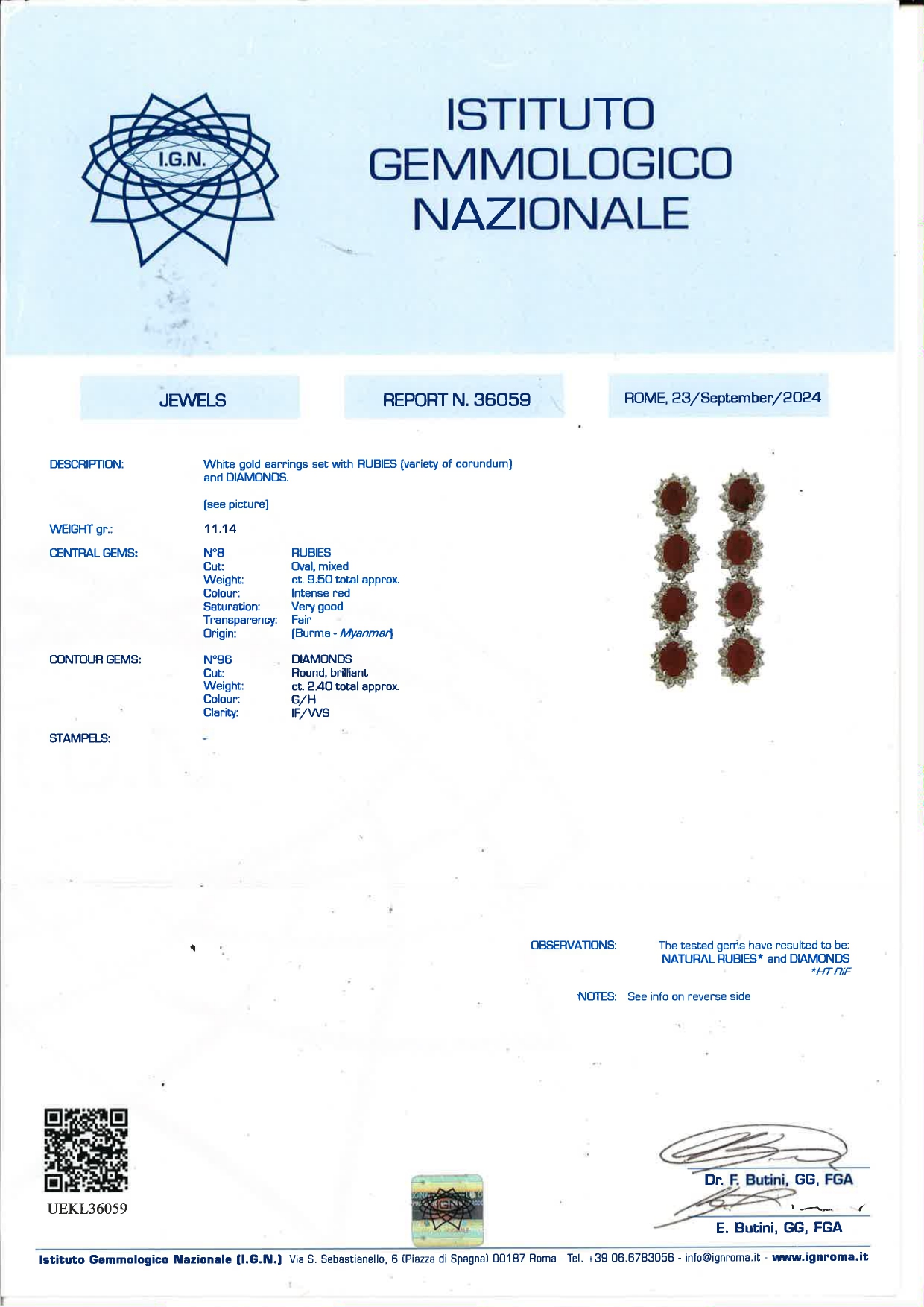 Orecchini pendenti in oro bianco 18k con diamanti e rubini