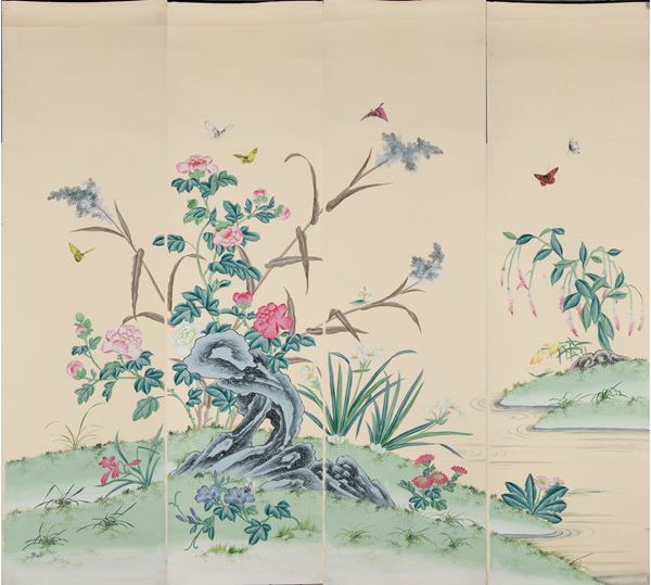 Grande dipinto composto da quattro pannelli decorati con roccia, farfalla e fiori. Guache su carta. Cina, Inizio XX secolo