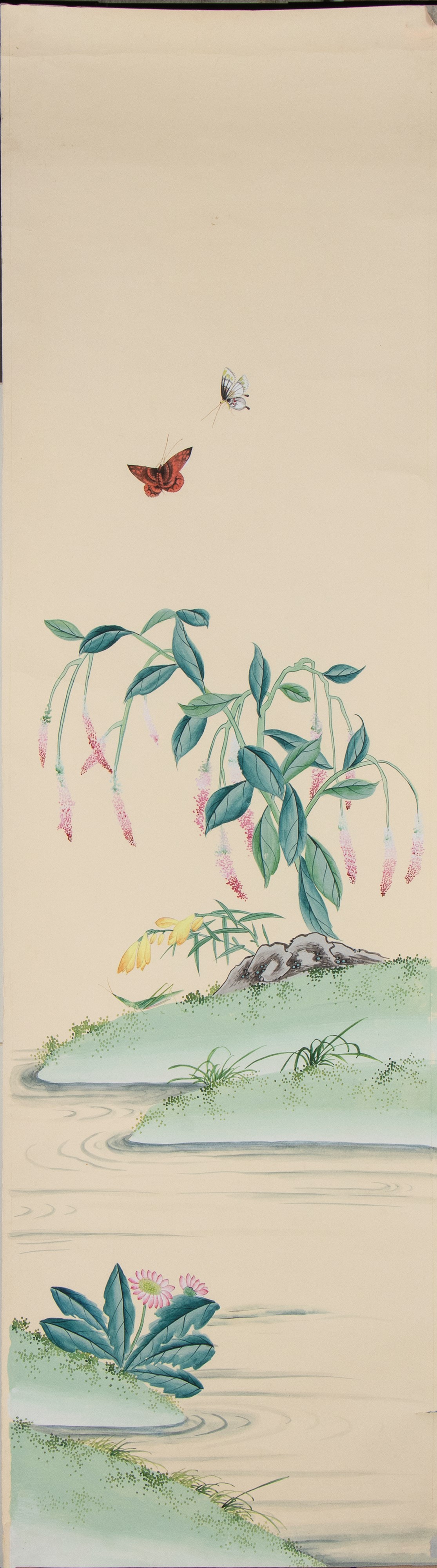 Guache su carta, composizione a quattro pannelli con roccia, farfalla e fiori (Cina, inizio XX se...