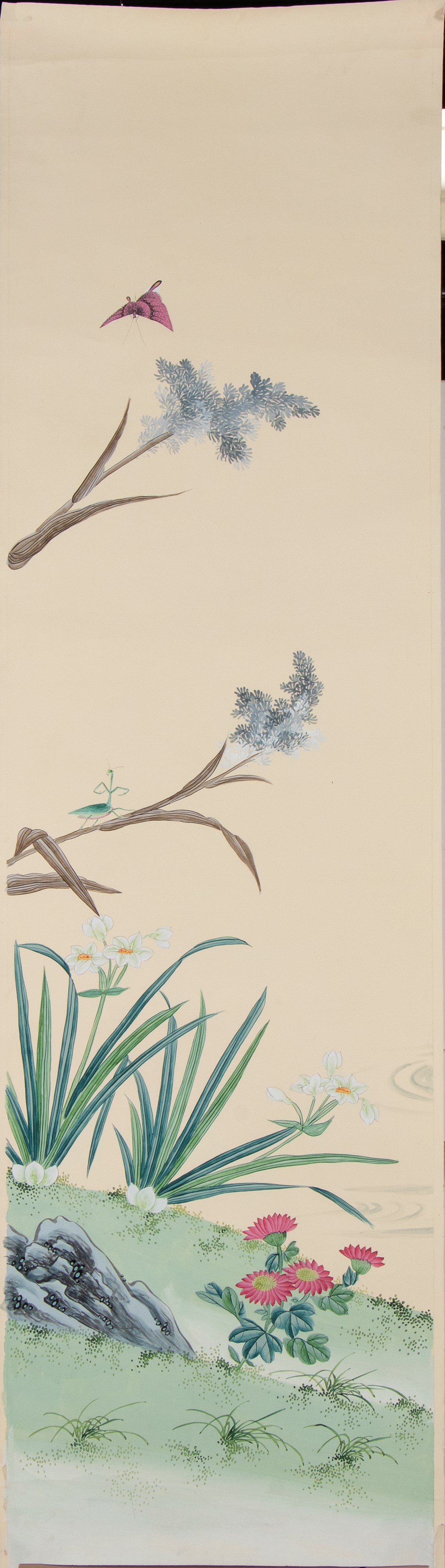 Guache su carta, composizione a quattro pannelli con roccia, farfalla e fiori (Cina, inizio XX se...