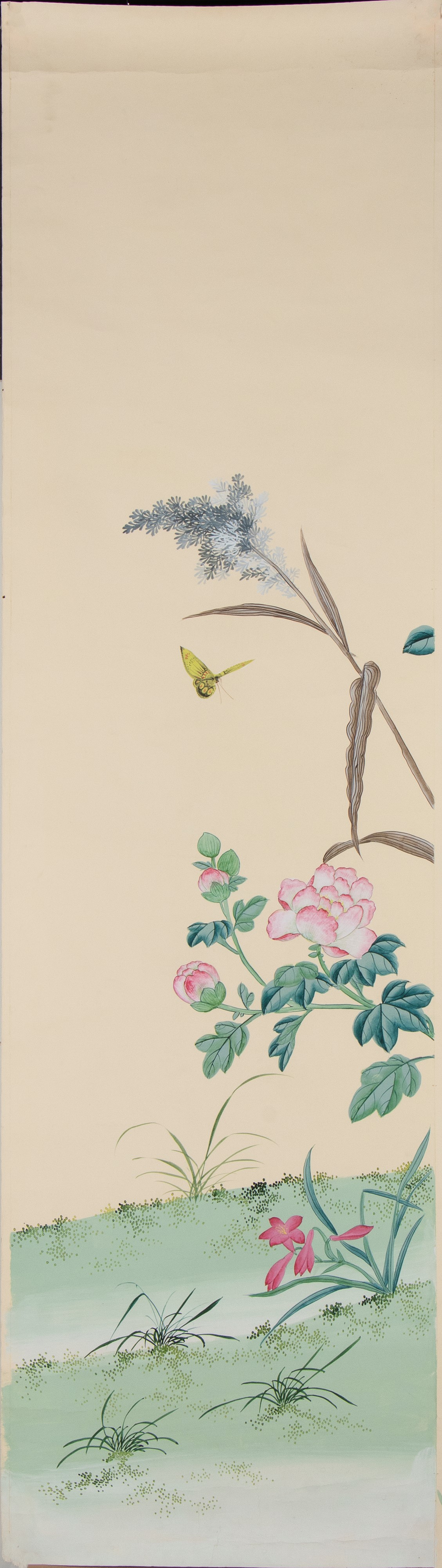 Guache su carta, composizione a quattro pannelli con roccia, farfalla e fiori (Cina, inizio XX se...
