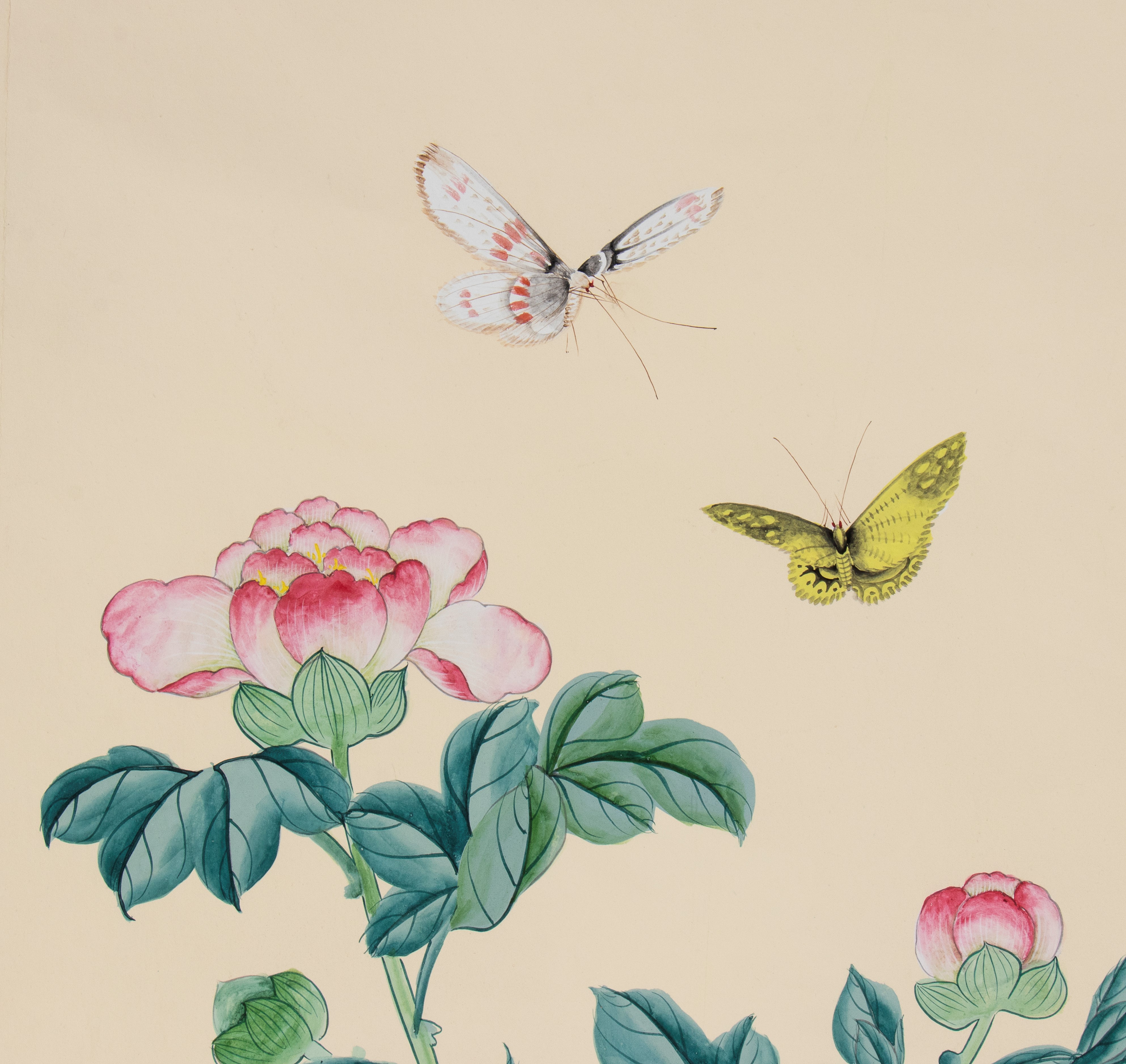 Guache su carta, composizione a quattro pannelli con roccia, farfalla e fiori (Cina, inizio XX se...