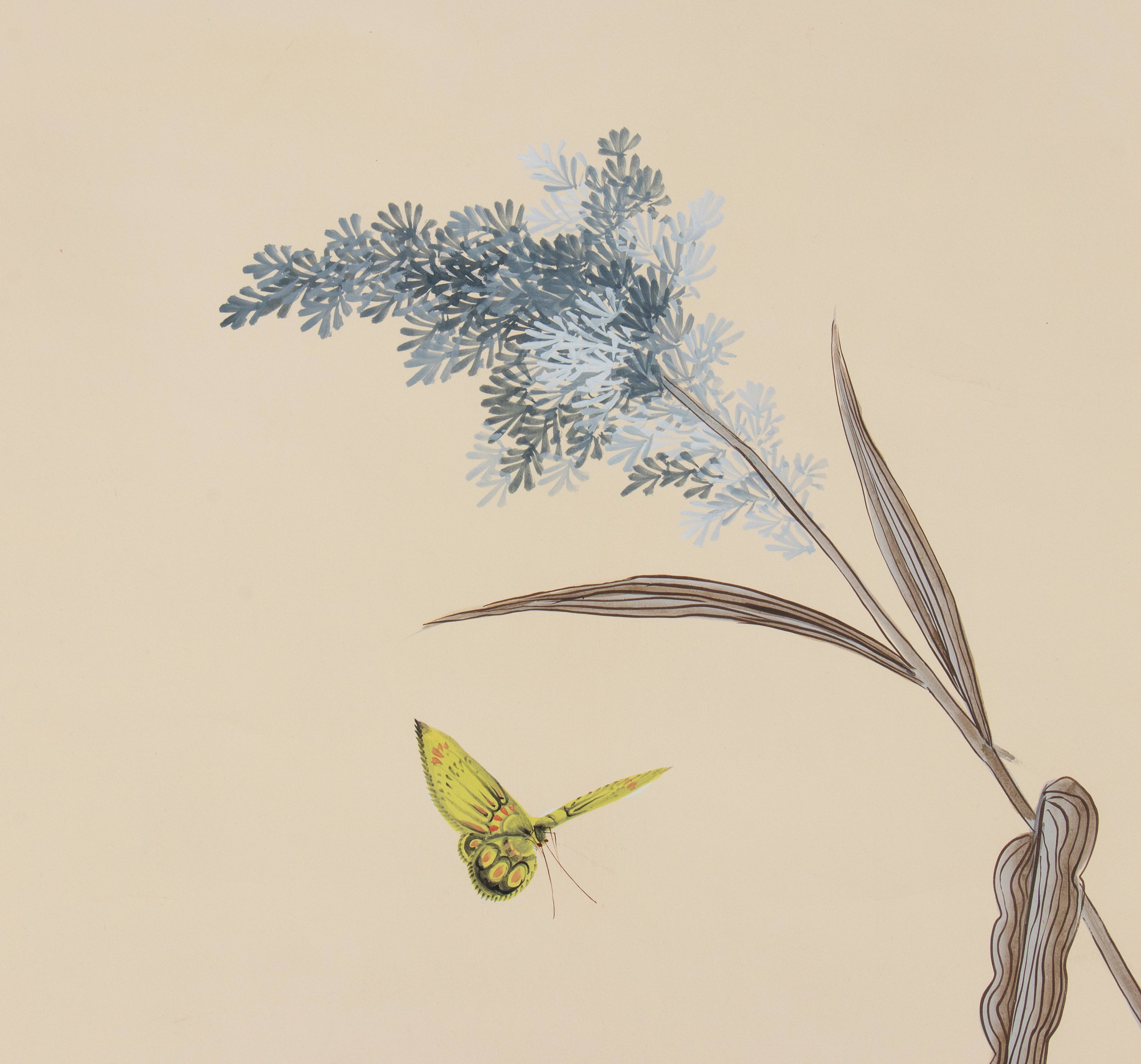 Guache su carta, composizione a quattro pannelli con roccia, farfalla e fiori (Cina, inizio XX se...