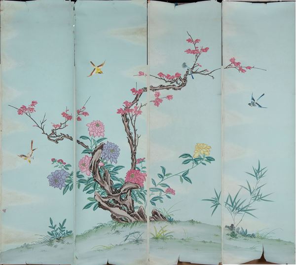 Grande dipinto composto da quattro pannelli decorati con roccia e fiori. Guache su carta. Cina, Inizio XX secolo