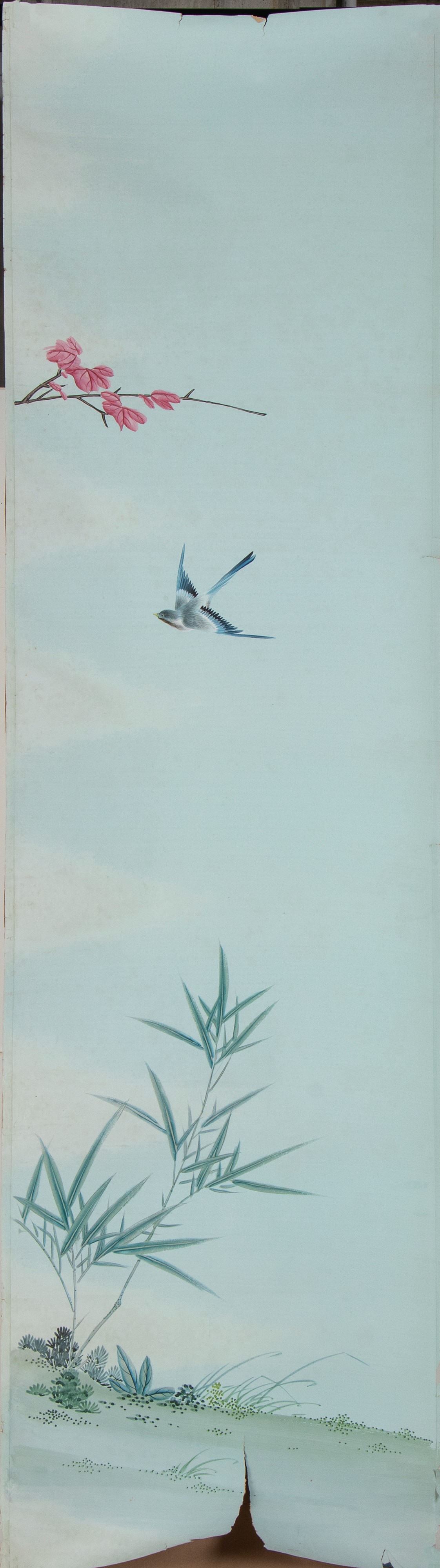 Arte orientale, Grande dipinto a quattro pannelli con roccia e fiori, guache su carta (Cina, iniz...