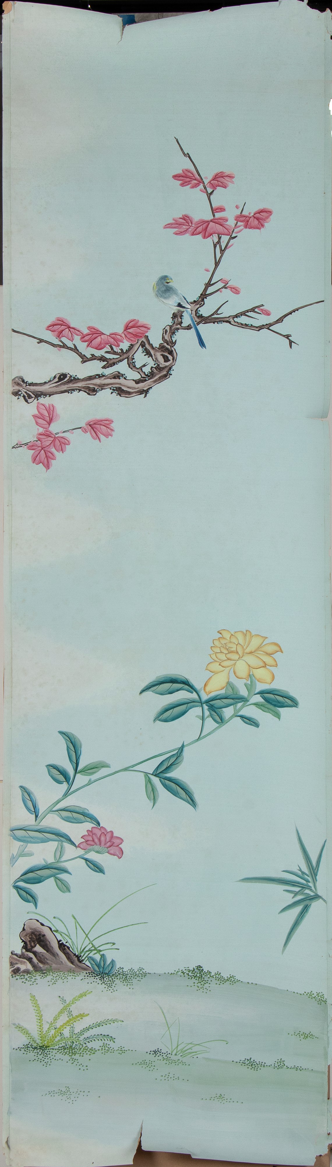 Arte orientale, Grande dipinto a quattro pannelli con roccia e fiori, guache su carta (Cina, iniz...