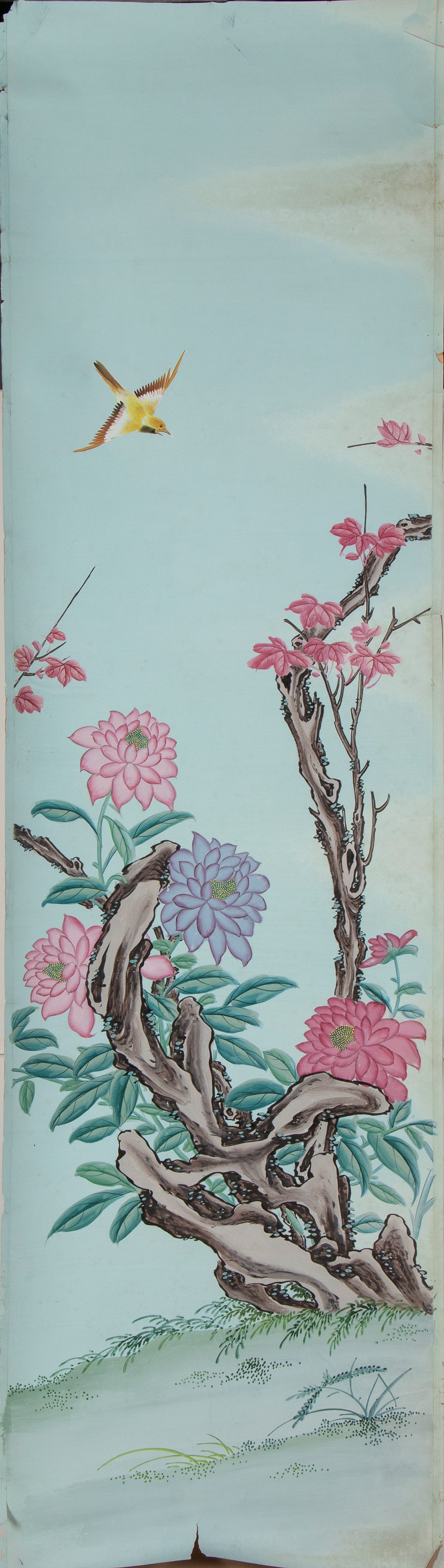 Arte orientale, Grande dipinto a quattro pannelli con roccia e fiori, guache su carta (Cina, iniz...