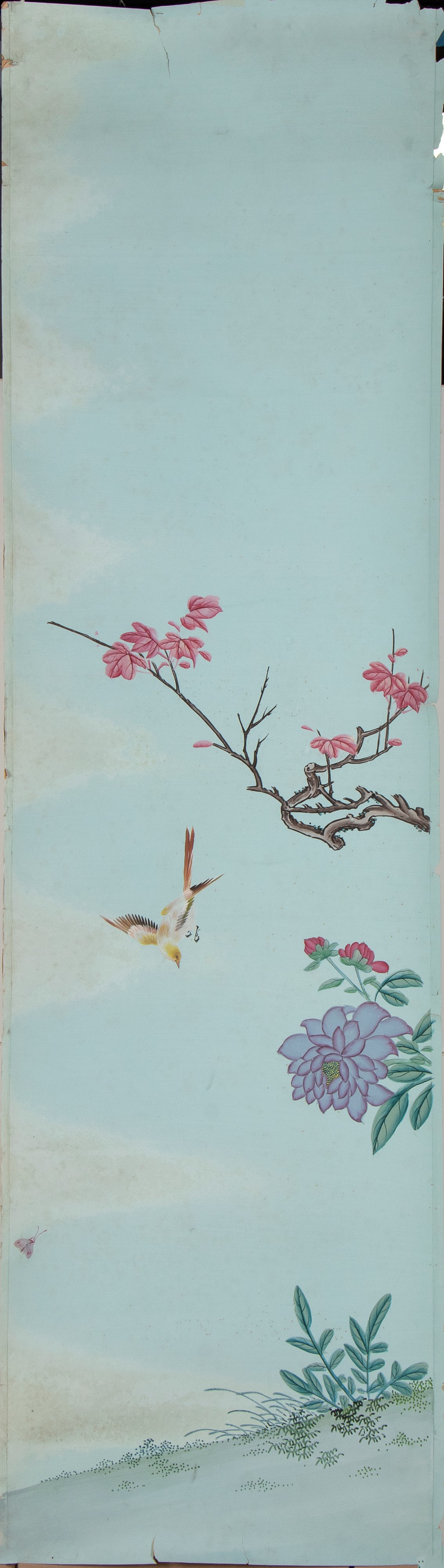Arte orientale, Grande dipinto a quattro pannelli con roccia e fiori, guache su carta (Cina, iniz...