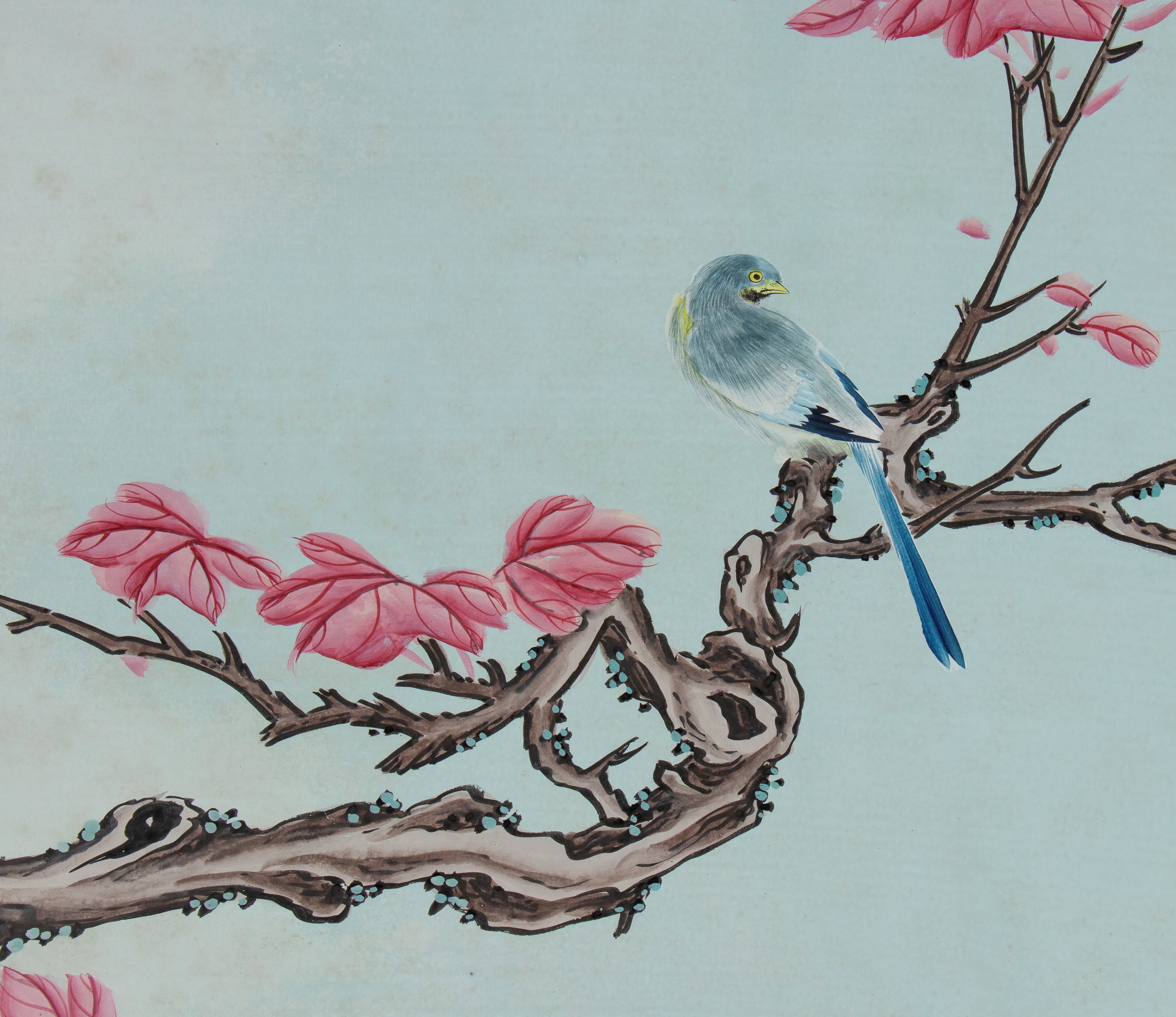 Arte orientale, Grande dipinto a quattro pannelli con roccia e fiori, guache su carta (Cina, iniz...