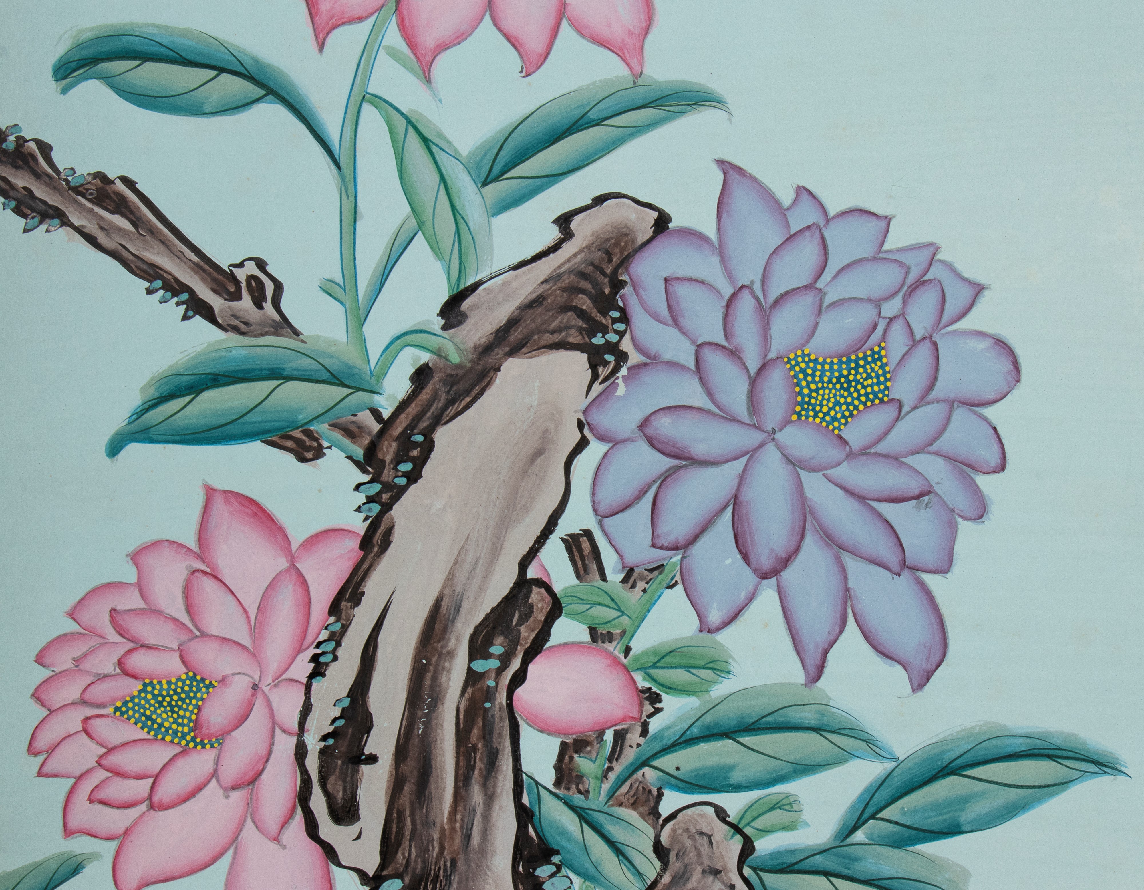 Arte orientale, Grande dipinto a quattro pannelli con roccia e fiori, guache su carta (Cina, iniz...