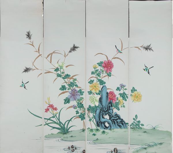 Large painting composed of four panels decorated with rocks and flowers. Gouache on paper. China, early 20th century.
