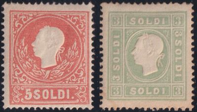 Francobolli del Regno d’Italia (L. Veneto), II emissione, n. 30 (5 soldi rosso) e n. 35 (3 soldi ...