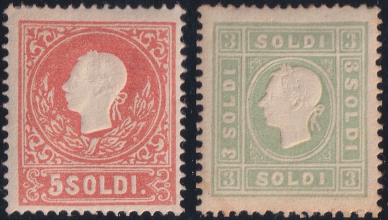 Francobolli del Regno d’Italia (L. Veneto), II emissione, n. 30 (5 soldi rosso) e n. 35 (3 soldi ...
