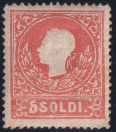 Sorani (attrib.) — L. Veneto, II emissione, 5 soldi rosso, n. 25, nuovo con gomma, linguellato