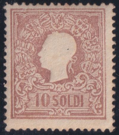L. Veneto, II emissione n. 26—10 soldi bruno con gomma (cert. Puschmann)