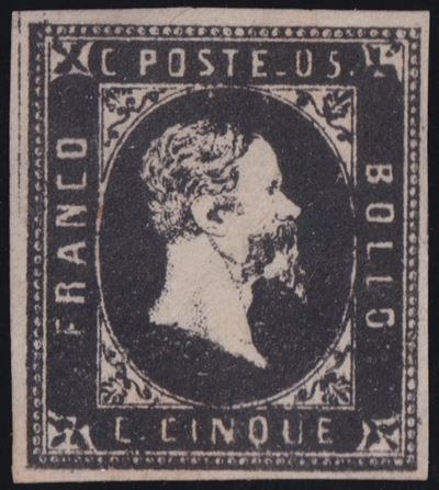 Bolaffi (certificazione), Diena (certificazione) — Sardegna, I emissione, 5 centesimi nero, n. 1