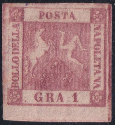 1858, Napoli — 1 gr. II tavola “carminio scuro” n. 4c, nuovo con gomma e linguellato
