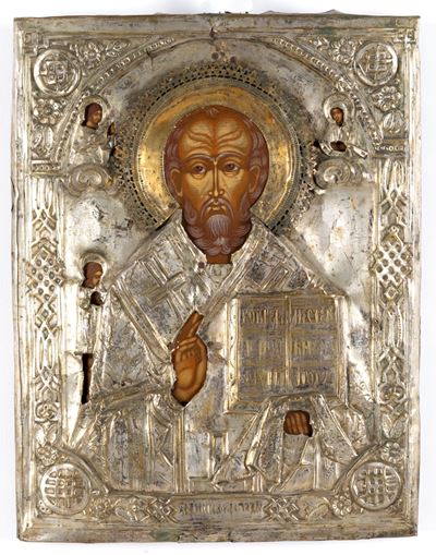 Icona russa, San Nicola Taumaturgo con riza, tempera su tavola (fine XIX secolo)